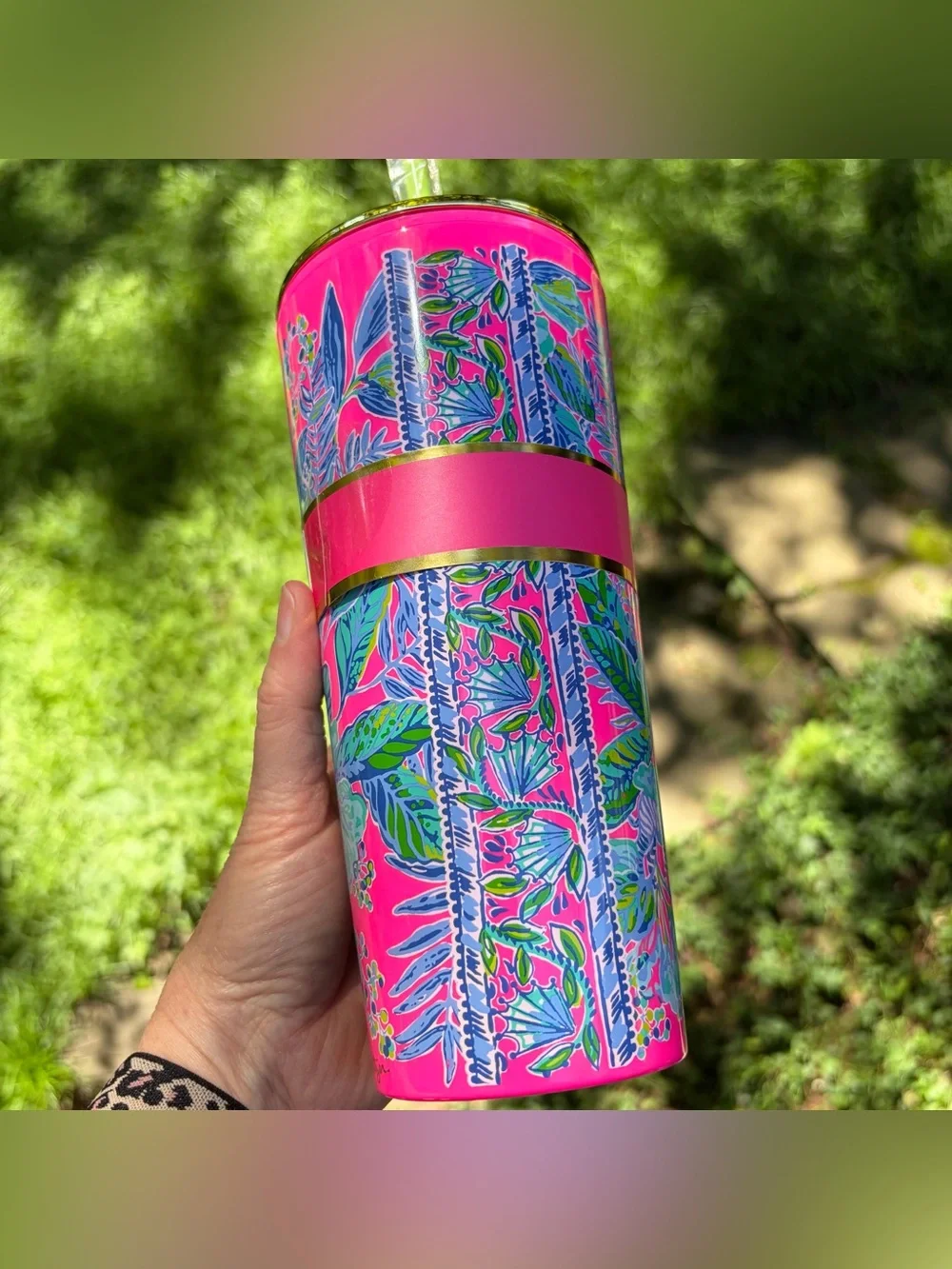 New NWT Lilly Pulitzer 24oz Tumbler w/Straw Lil Earned Stripes Pink Gold Lid